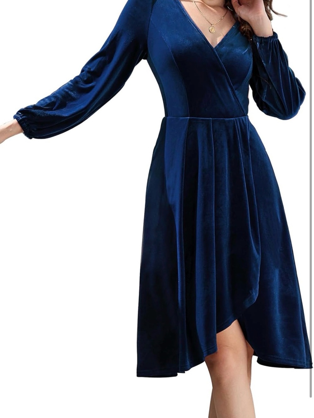 Elegant Women's Velvet Wrap Midi Dress - Navy Blue
